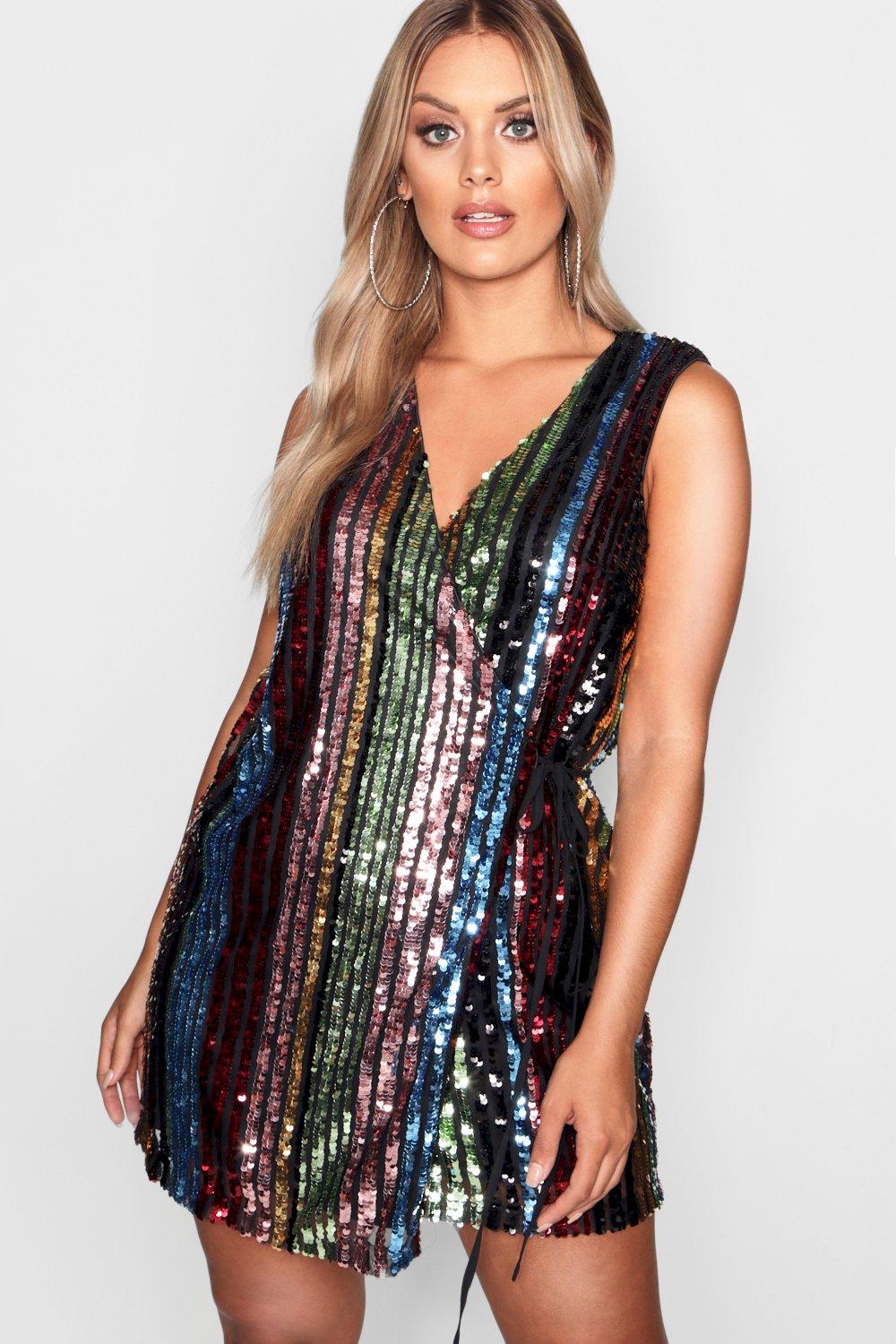 Plus Rainbow Sequin Wrap Dress | boohoo